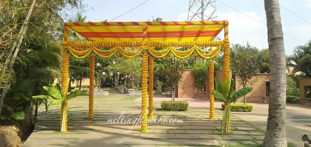 outdoor marigold decor | Wedding Decorations, Flower Decoration